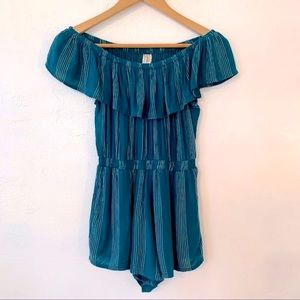 JAPNA Ruffled Green & White Striped Off-the-shoulder Romper Size Small